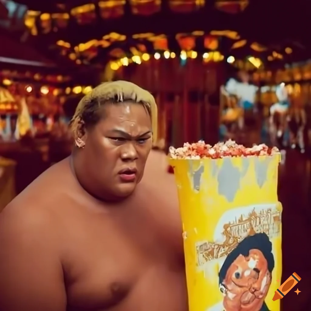Wrestler rikishi playing fairground game at theme park on Craiyon