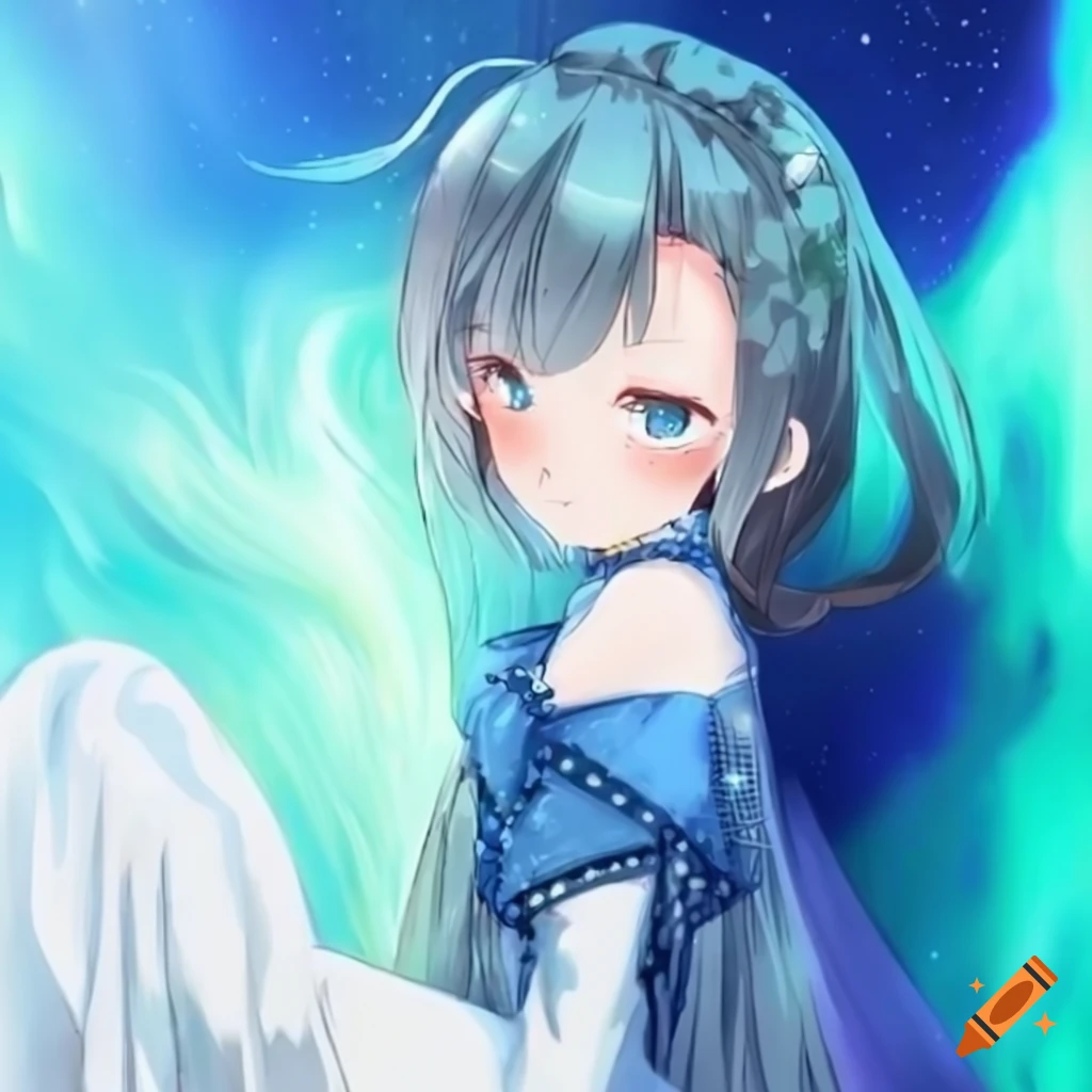 Blushing celestial anime woman with long socks in aurora borealis setting