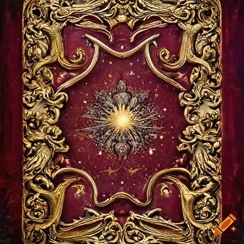 Book bound in deep red leather with celestial motifs