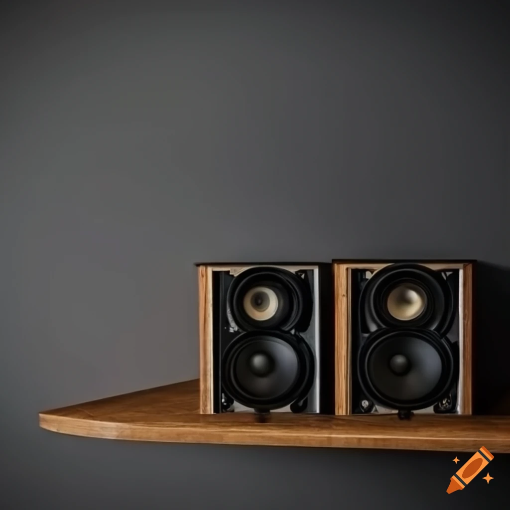 Speakers on a wooden corner shelf against a grey wall