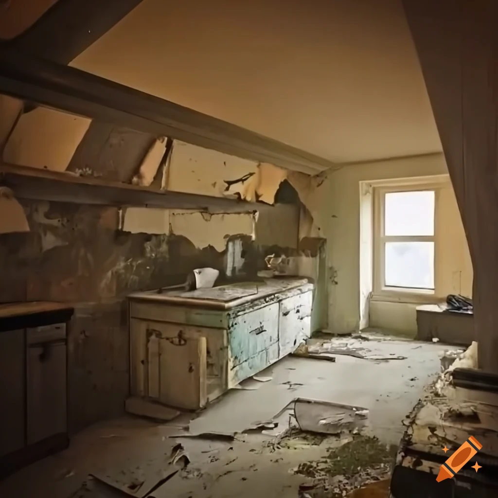 Foggy abandoned attic kitchen with pale peeling paint and skylights