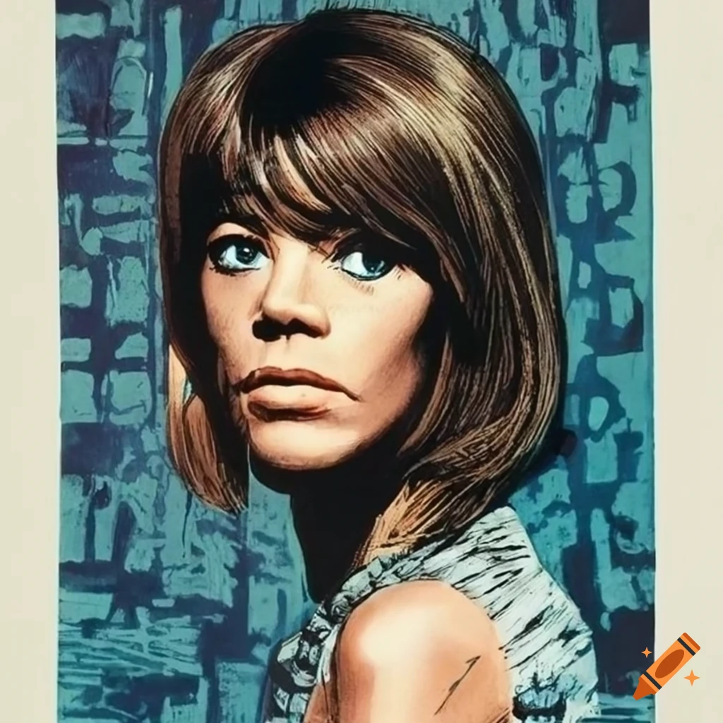 Linocut print of françoise hardy in paco rabanne mirror dress on Craiyon
