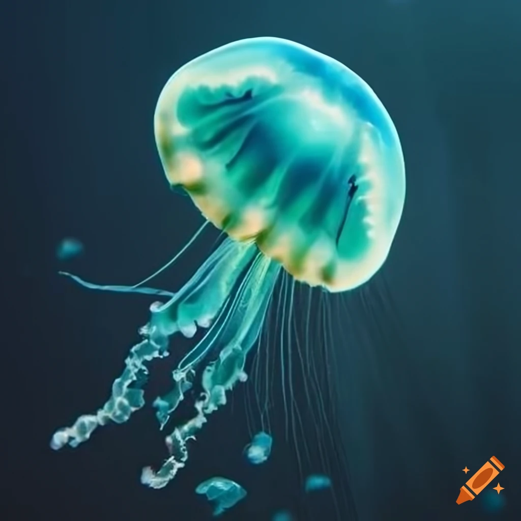 Blue-green jellyfish with a red cape