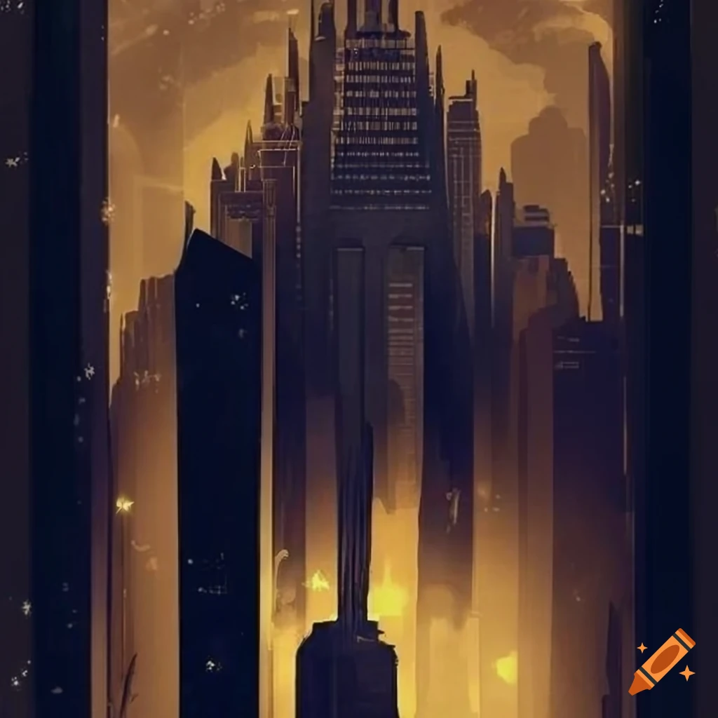 Vintage cityscape at dusk in Art Deco style