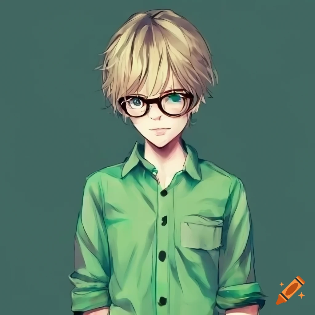 Anime boy with glasses and blonde hair wearing a green shirt and jeans
