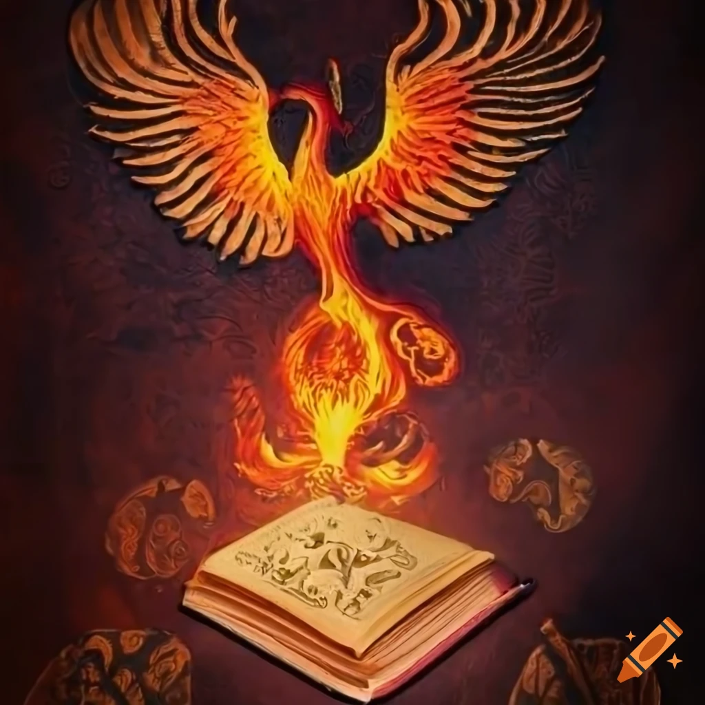 Ancient book with flaming phoenix image and elven runes
