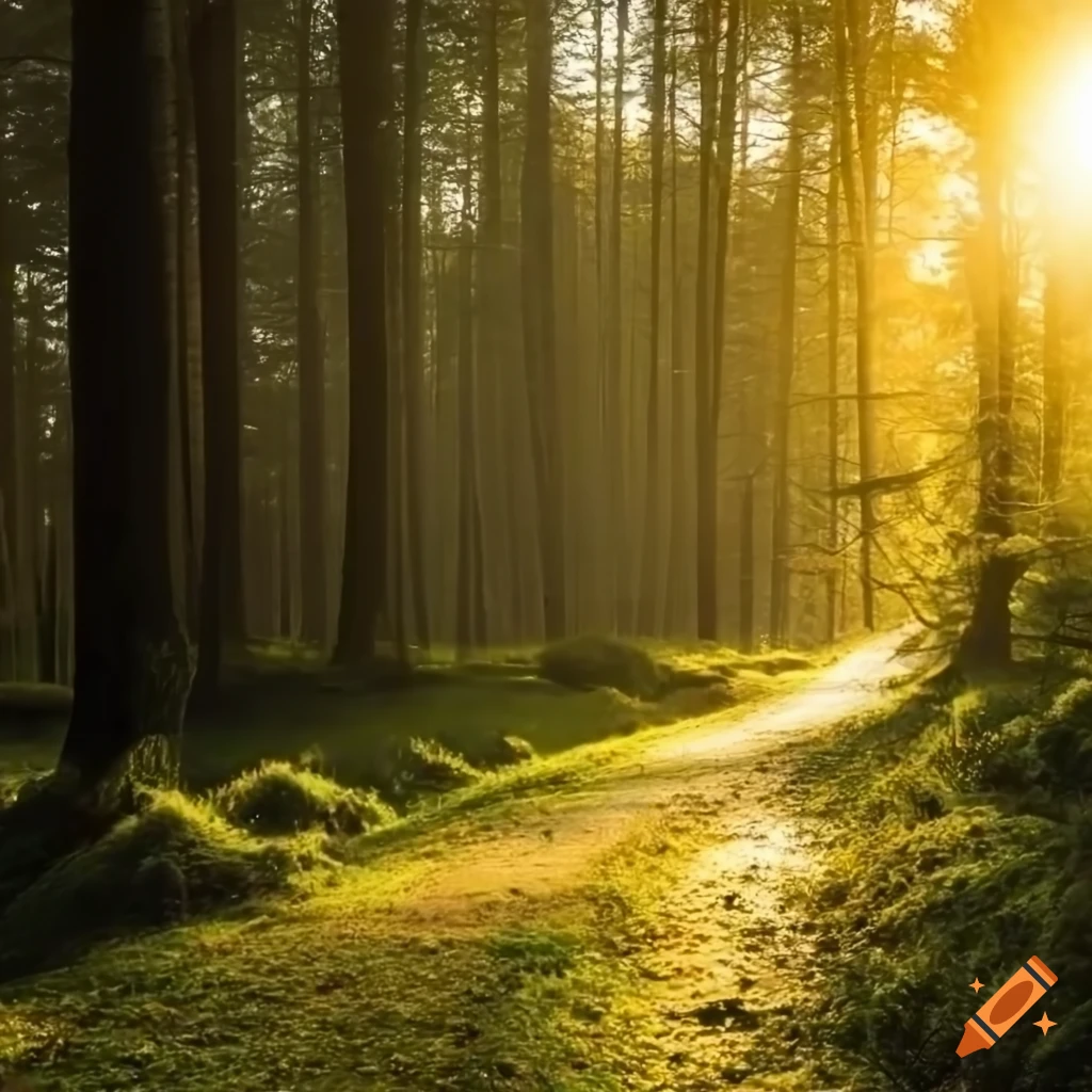 Wooded pass with sunlight through trees during rain in the morning