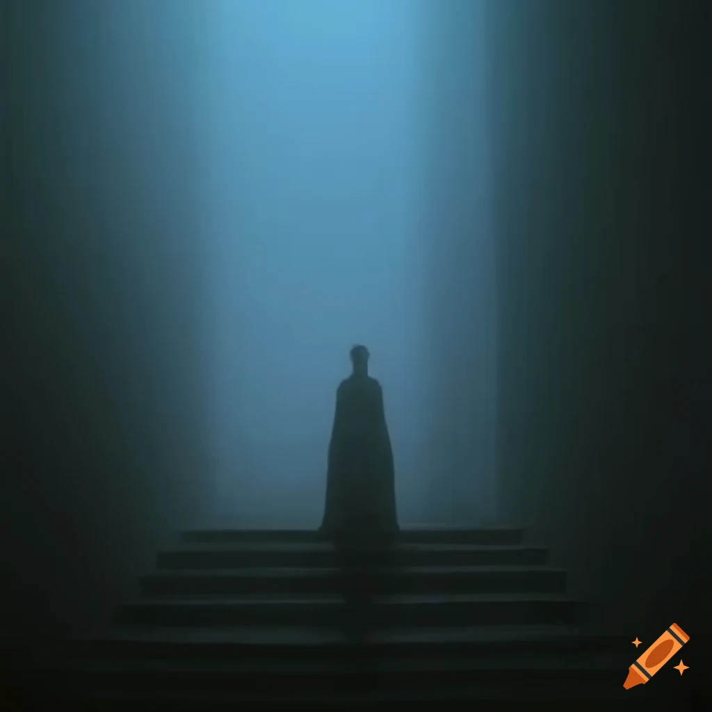 Human figure floating above church in soft mist in a 1983 film scene