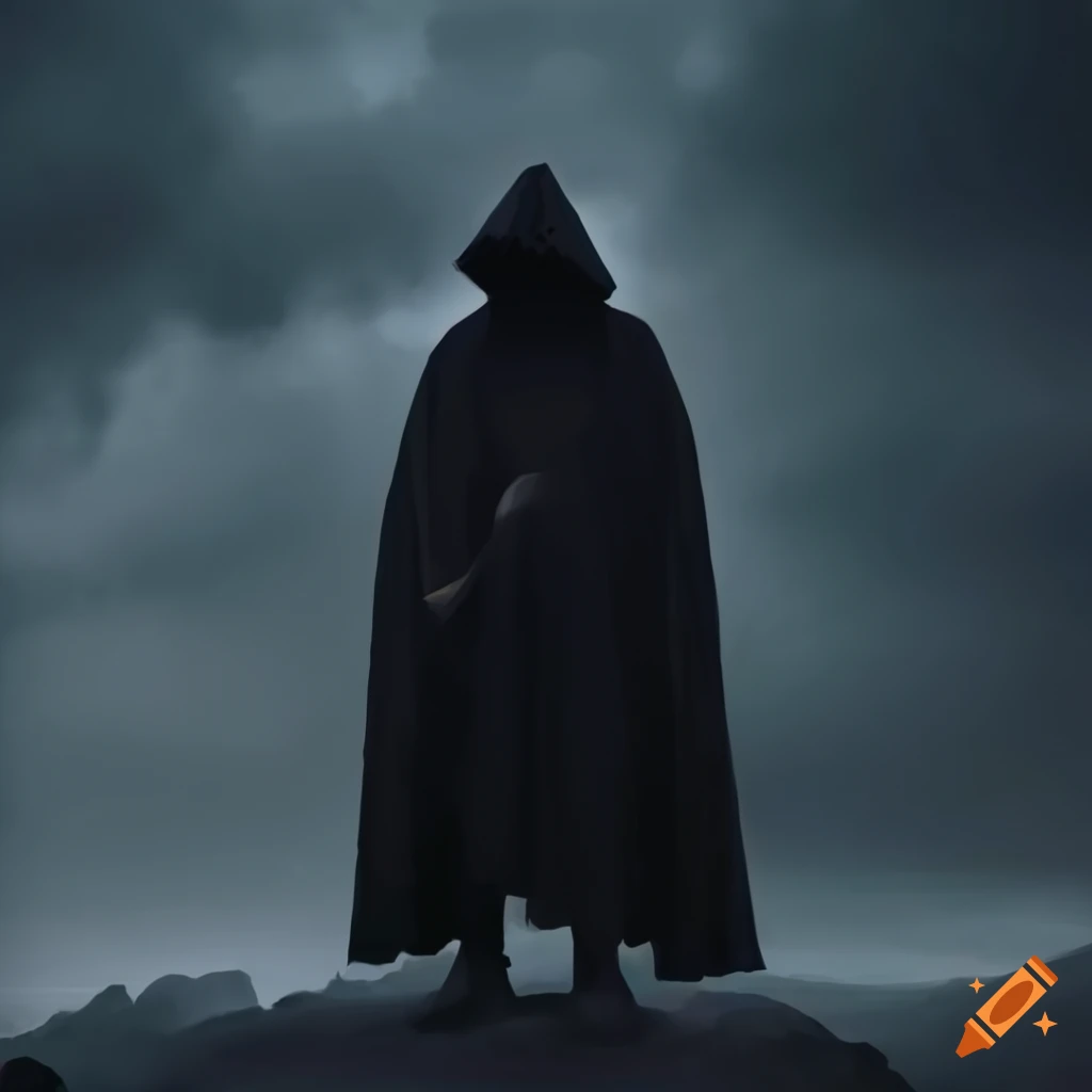 Mysterious figure in black cloak with twin daggers against a rugged mountain backdrop