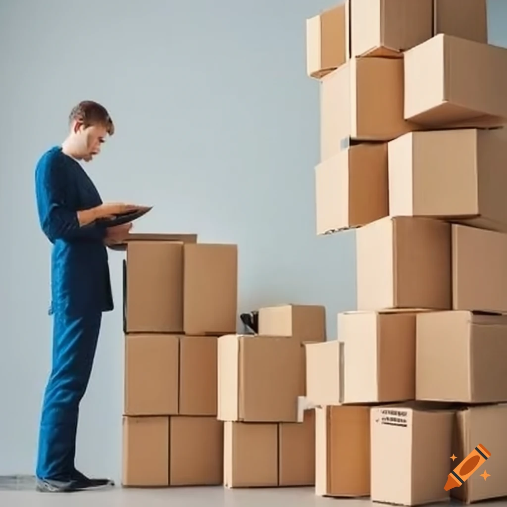 Operators inspecting disorganized stack of boxes