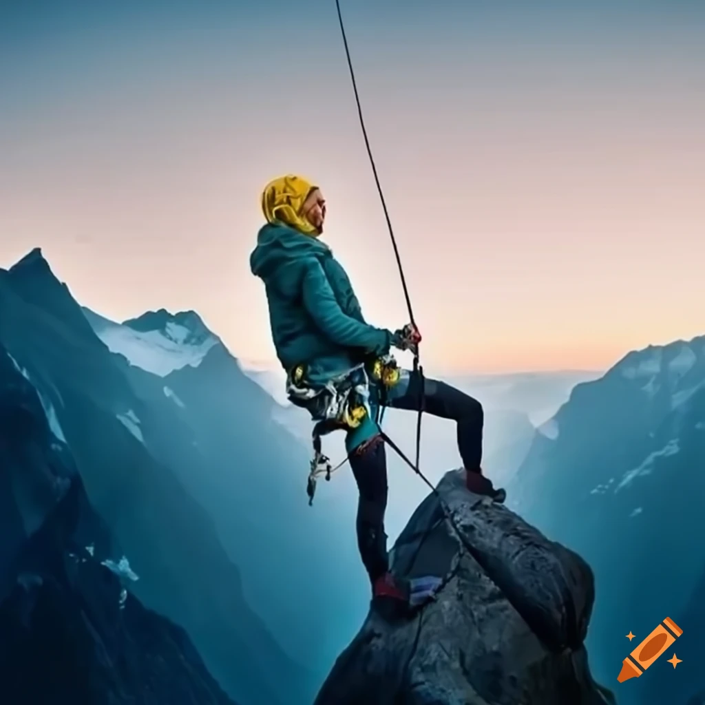 Determined climber ascending a challenging mountain