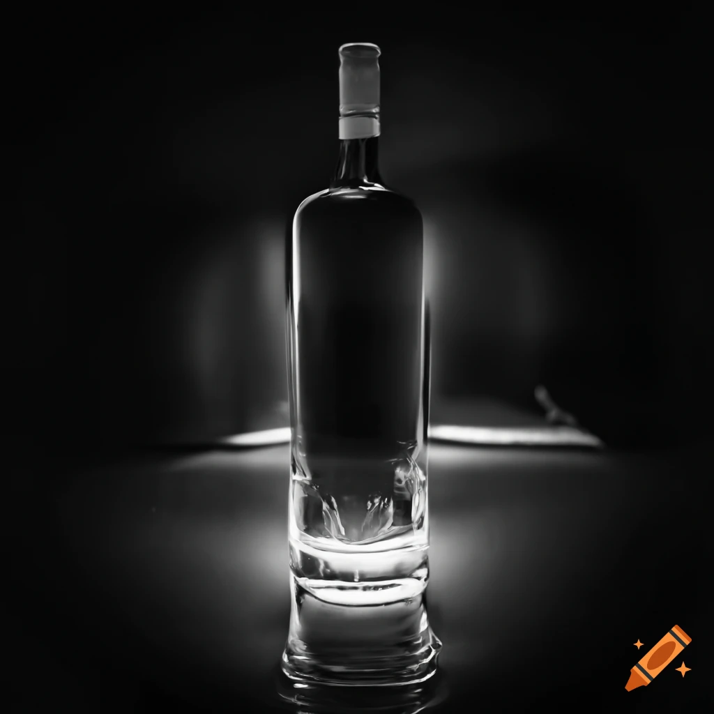 Bottle and glass of alcohol in black and white on Craiyon