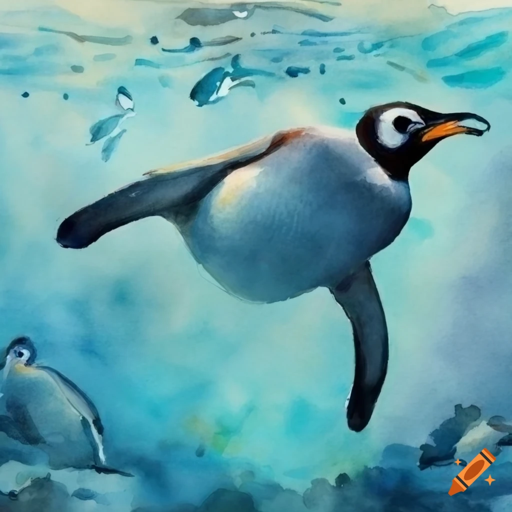 Happily diving penguins in deep sea watercolor painting on Craiyon