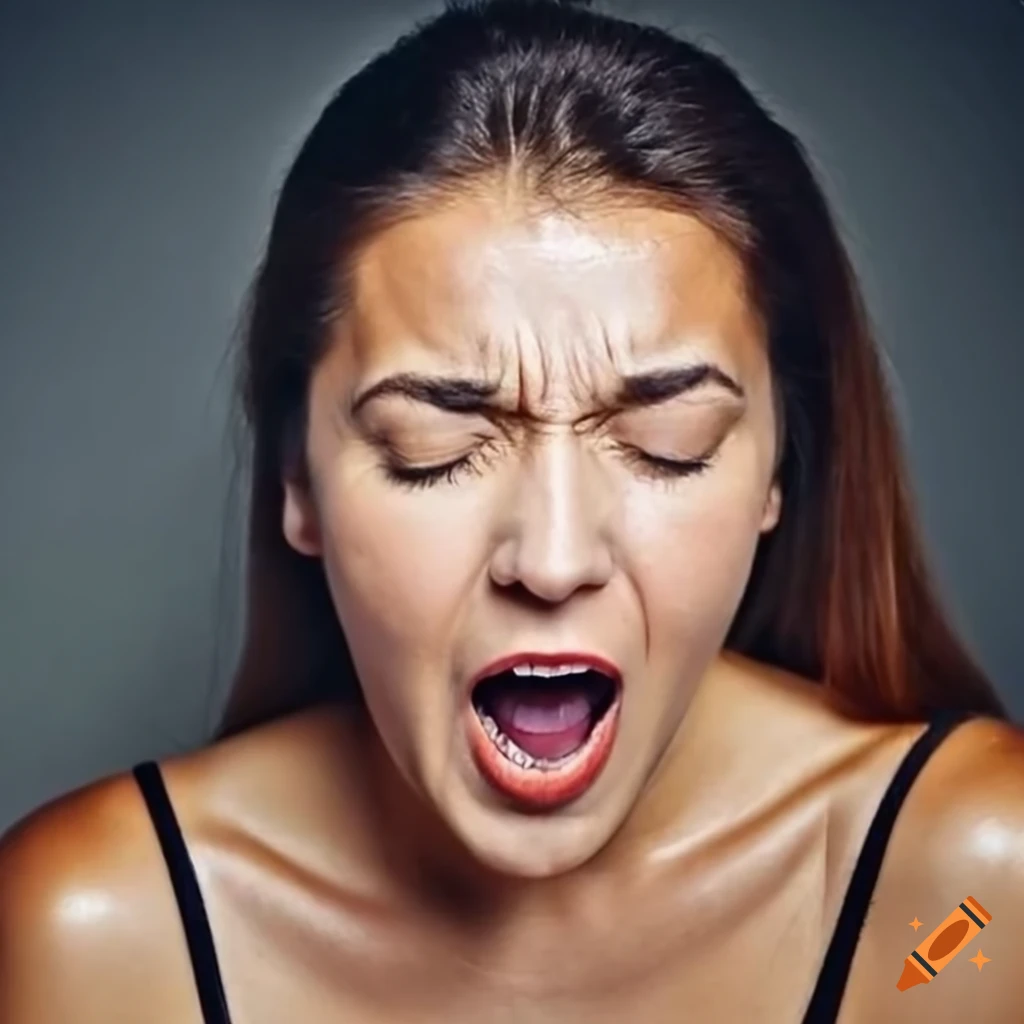 Close Up Of Emotional Woman With Head Thrown Back And Wide Open Mouth