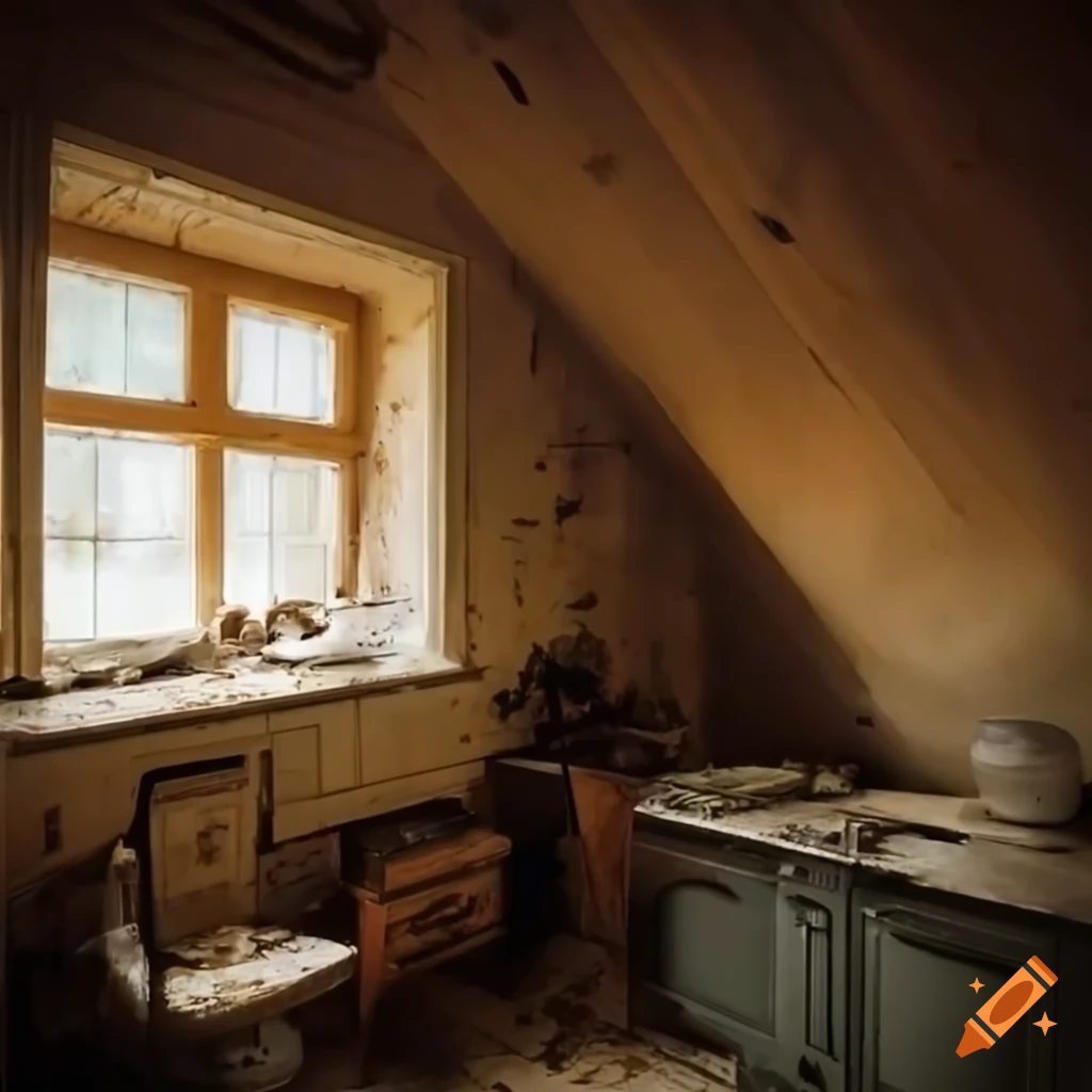 Foggy abandoned attic kitchen with pale peeling paint and skylights