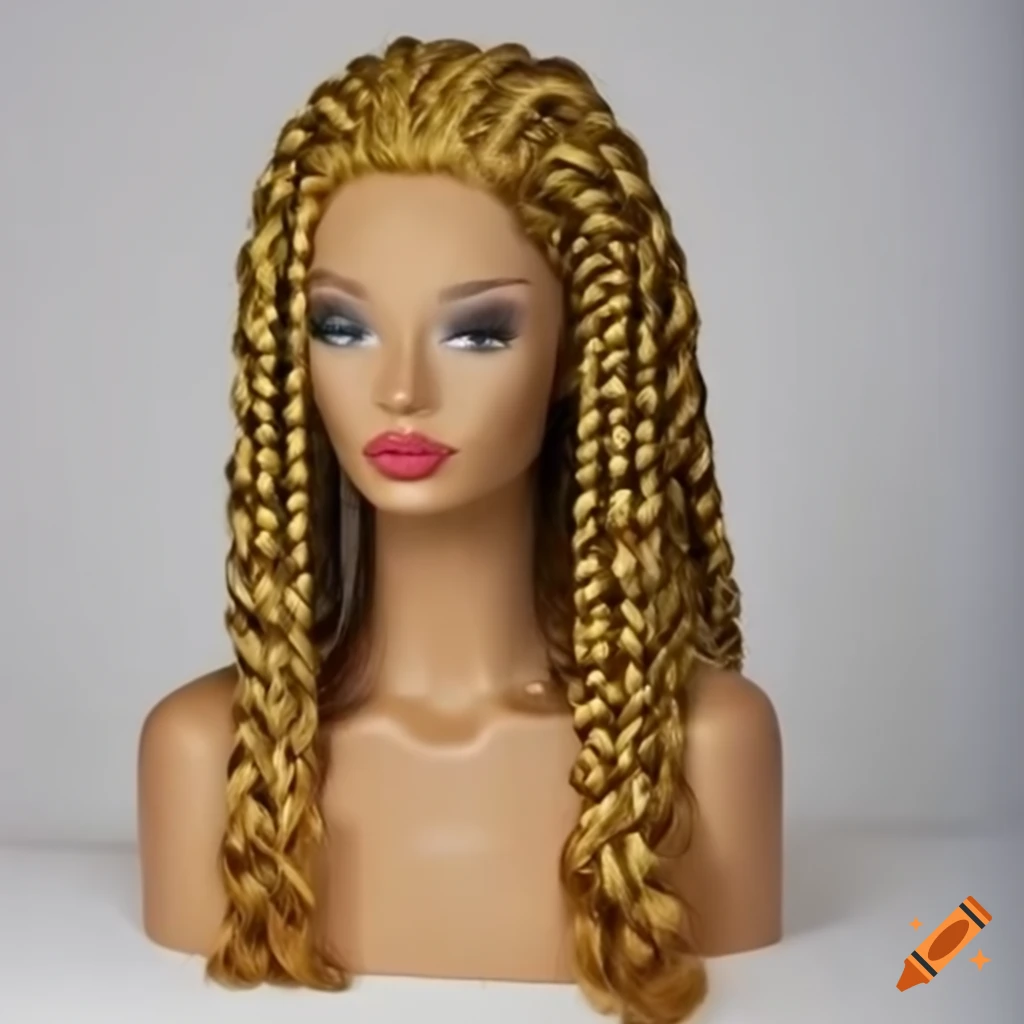  Golden braided bang wig on a mannequin on Craiyon