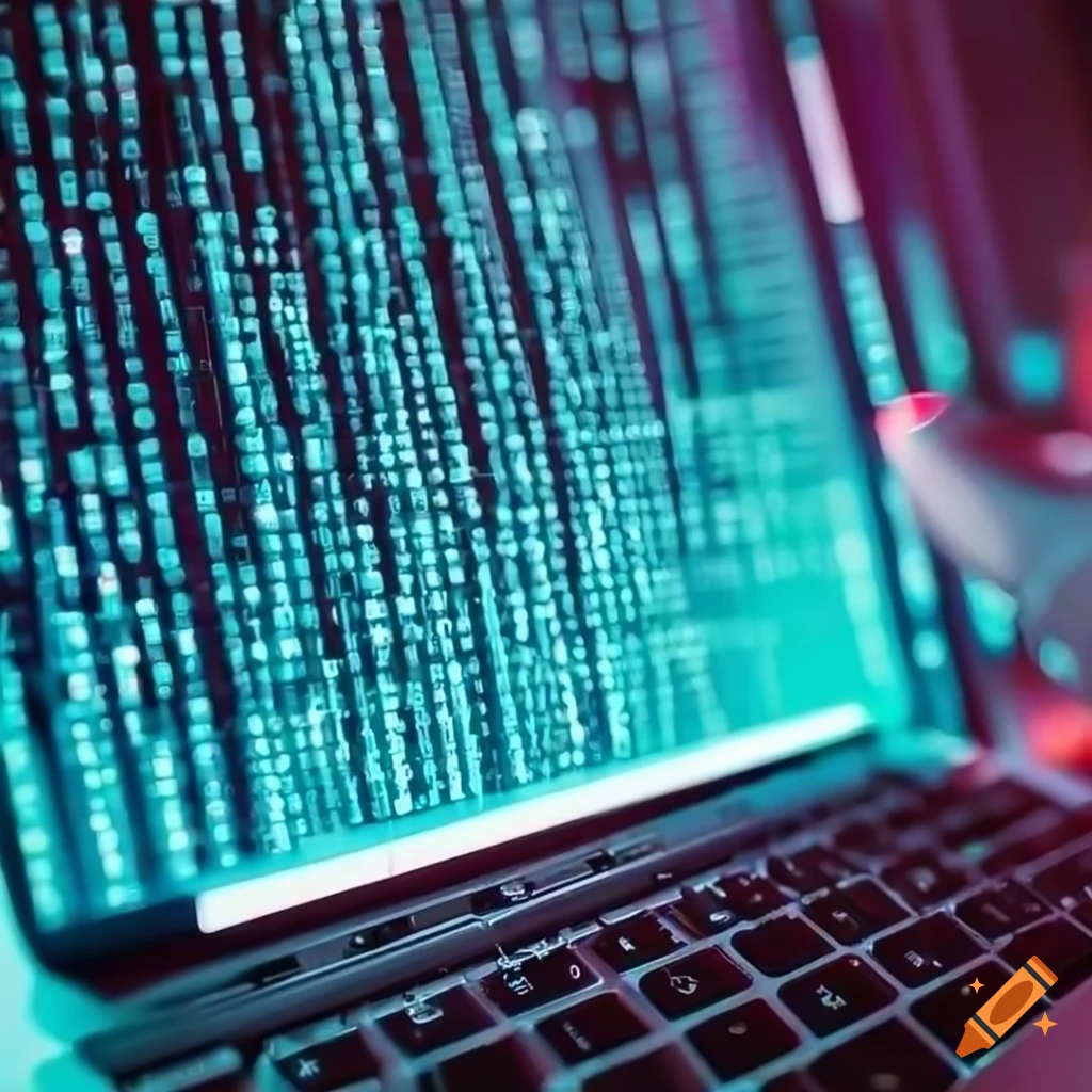 Hacker typing on a laptop surrounded by lines of code on Craiyon