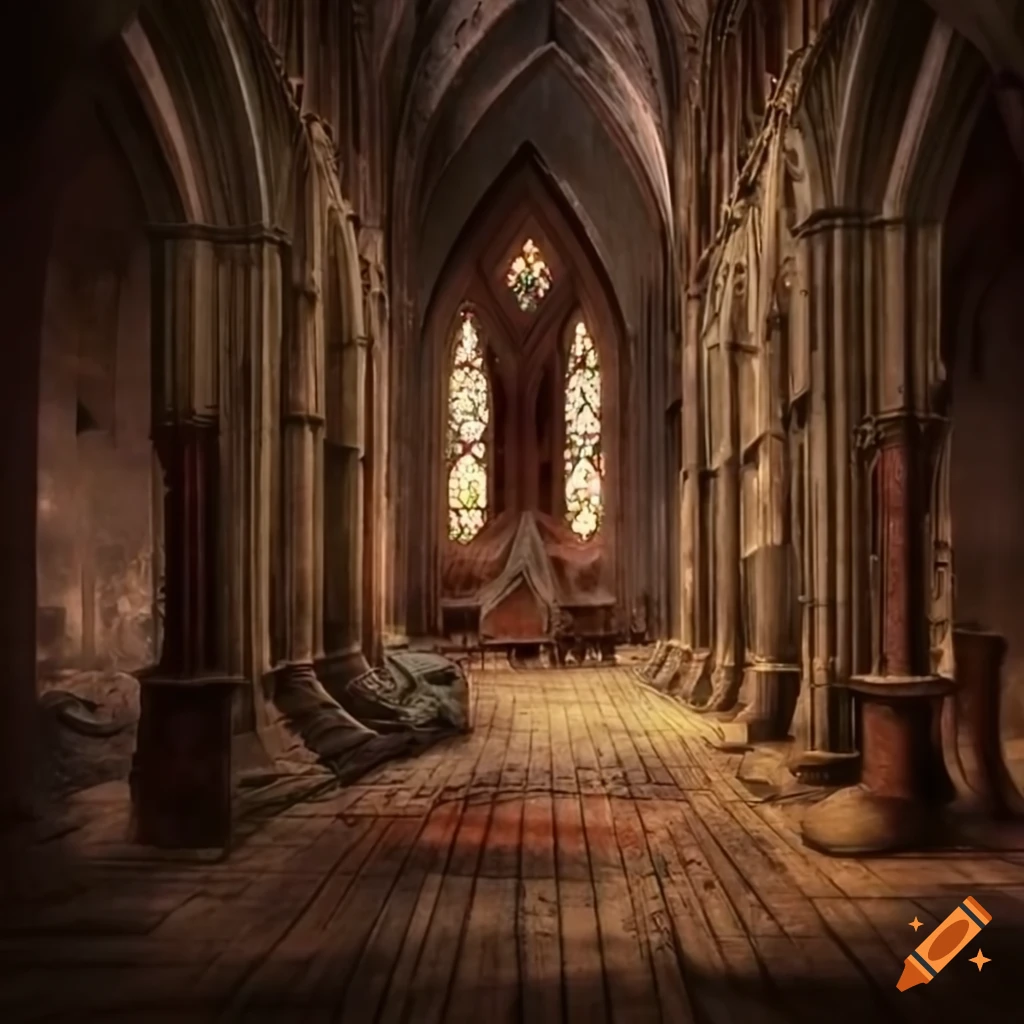 Interior of a humble steampunk church on Craiyon