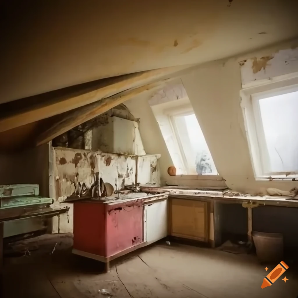 Foggy abandoned attic kitchen with skylights and peeling paint