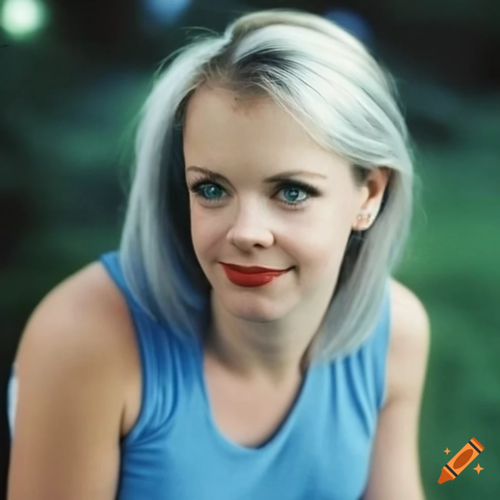 Melissa joan hart with white hair in a sleeveless blue t-shirt on Craiyon