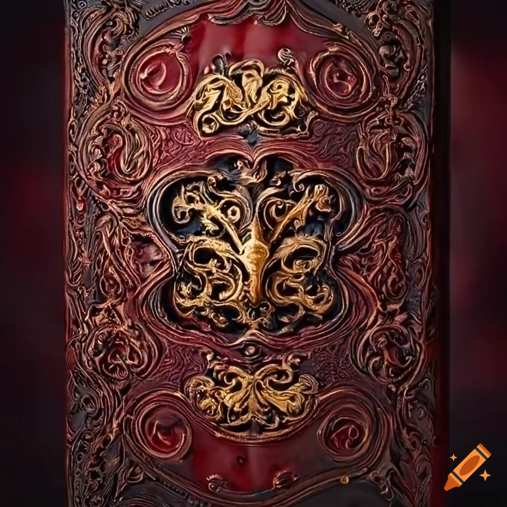 Intricately embossed dark red and black leather book with golden filigree