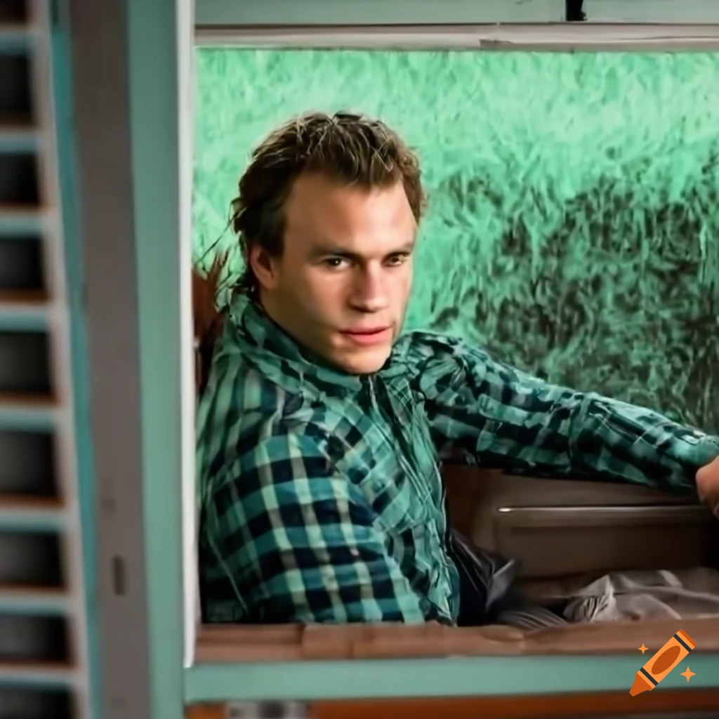 Young man resembling Heath Ledger in a caravan trailer looking through window