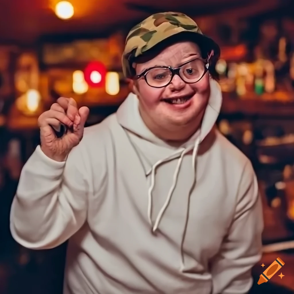 Smiling man with Down syndrome wearing spectacles at a pub
