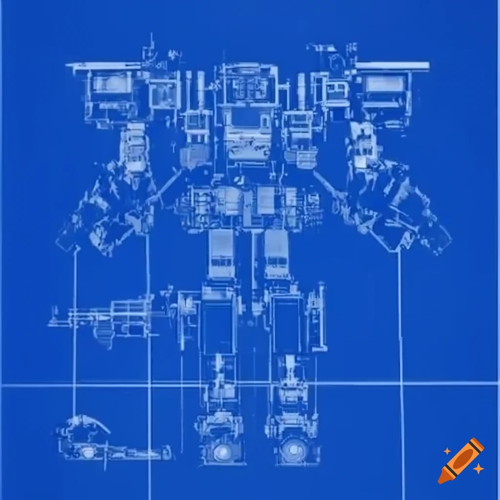 Mecha blueprint with hydrodynamic design and arm cannon in tpose on Craiyon