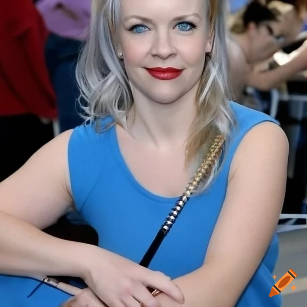Melissa joan hart with white hair and blue sleeveless t-shirt on Craiyon