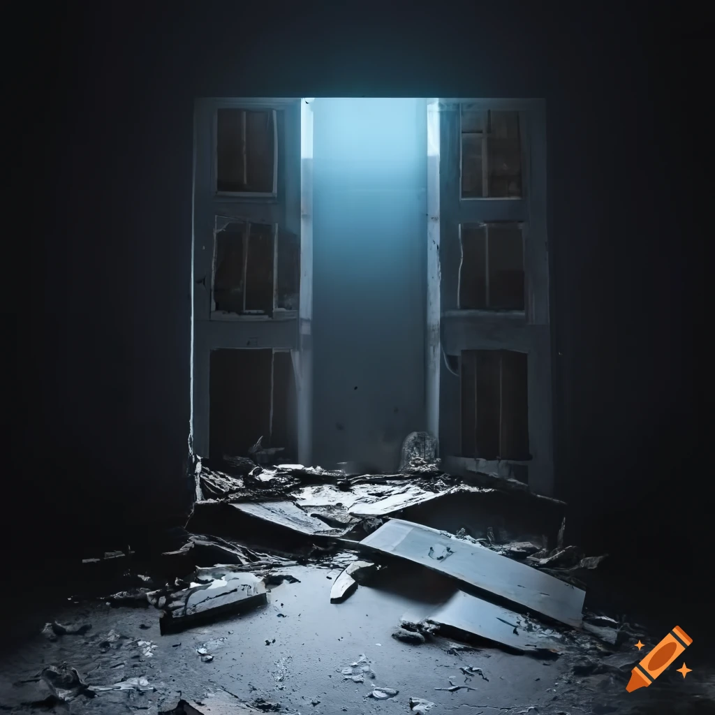 Collapsed floor in an abandoned sunny attic with glowing fog