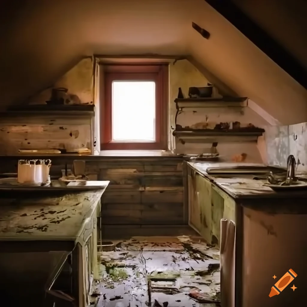 Foggy abandoned attic kitchen with skylights and peeling paint
