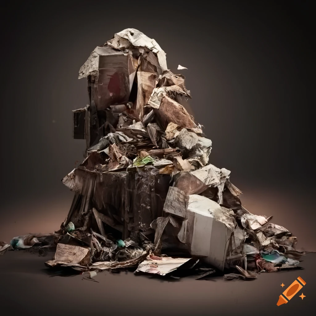 Desolated figure in a pile of junk garbage in a destroyed landscape