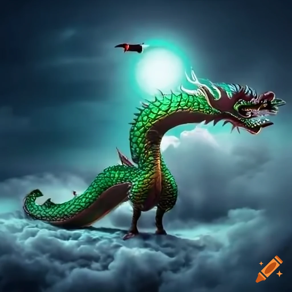 Chinese dragon flying into the sunset above the clouds