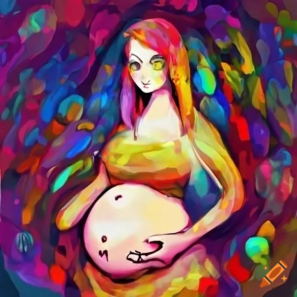 Primitive-style wall painting of pregnant woman with dog and cat