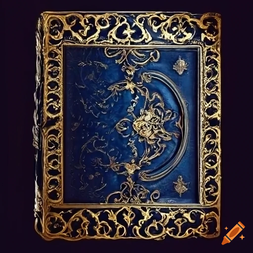 Intricately embossed dark blue and black leather book with golden filigree