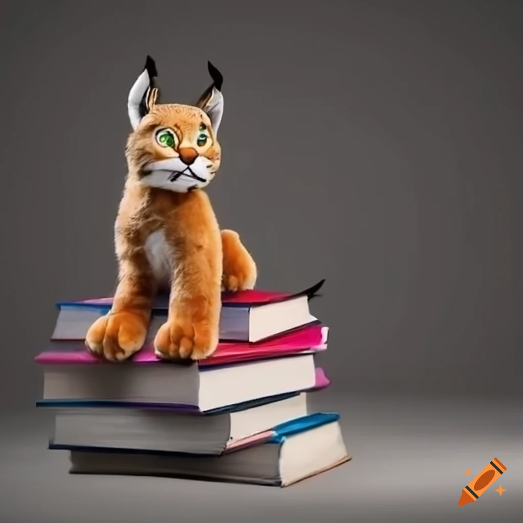Scared lynx plushie next to a pile of books