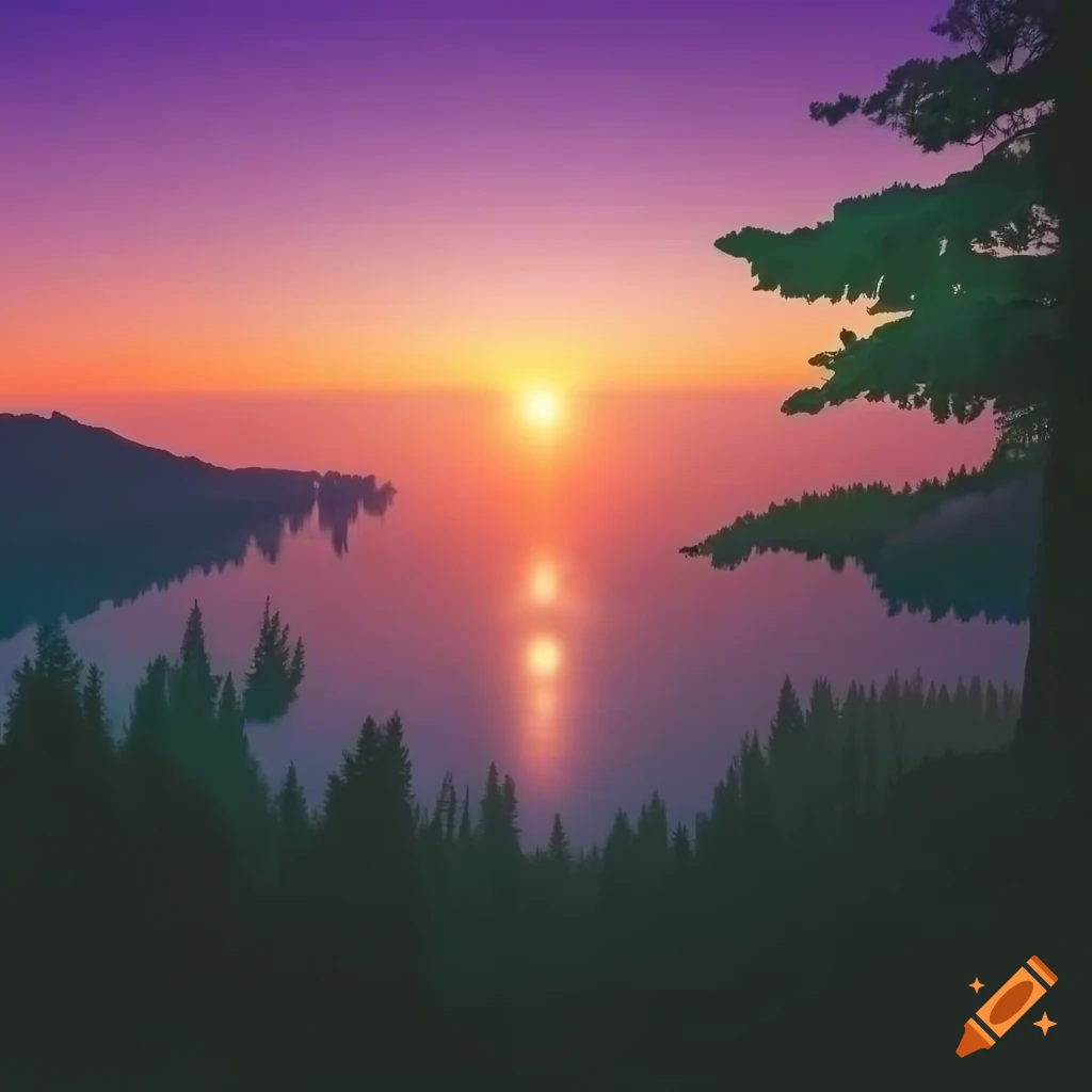 Serene forested hills with a tranquil lake under a brilliant sunset on ...