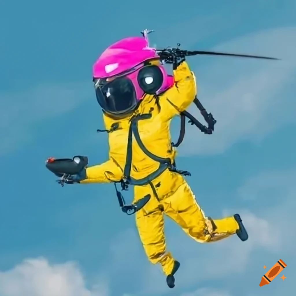 Helicopter rescuer in yellow flight suit and pink beret flying in helicopter