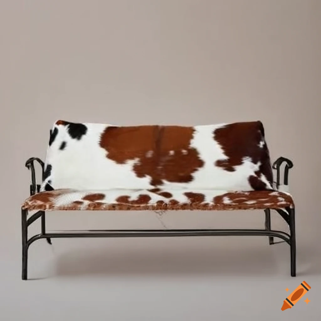 Square outdoor bench covered in cowhide