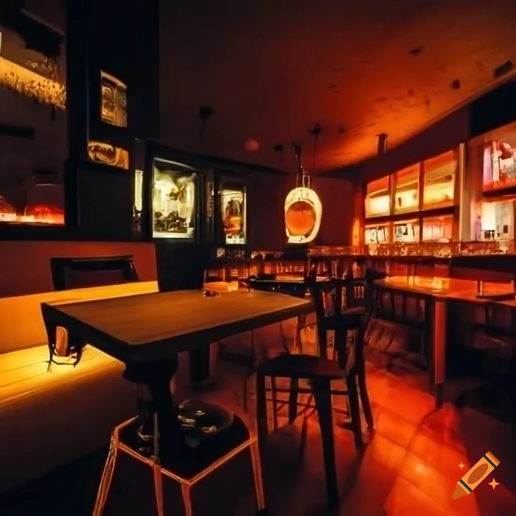 Bar café with a chill jazz ambiance, black carpet, and dark red booths