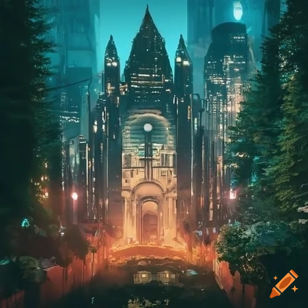 Sci-fi city skyline with colorful buildings and a basilica, surrounded by a lush forest and a magical tree