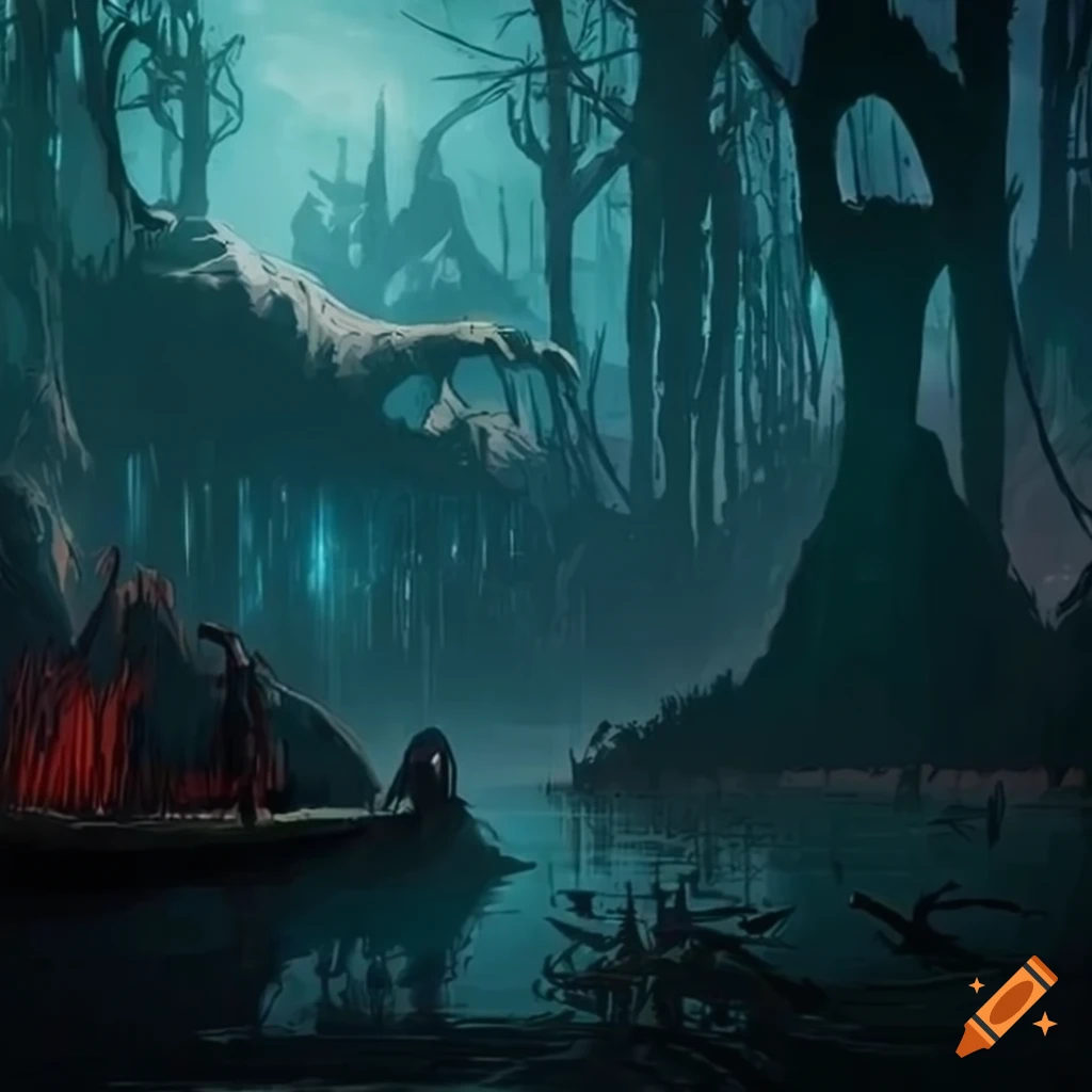 City in a swamp in a science fantasy setting at night with figures in
