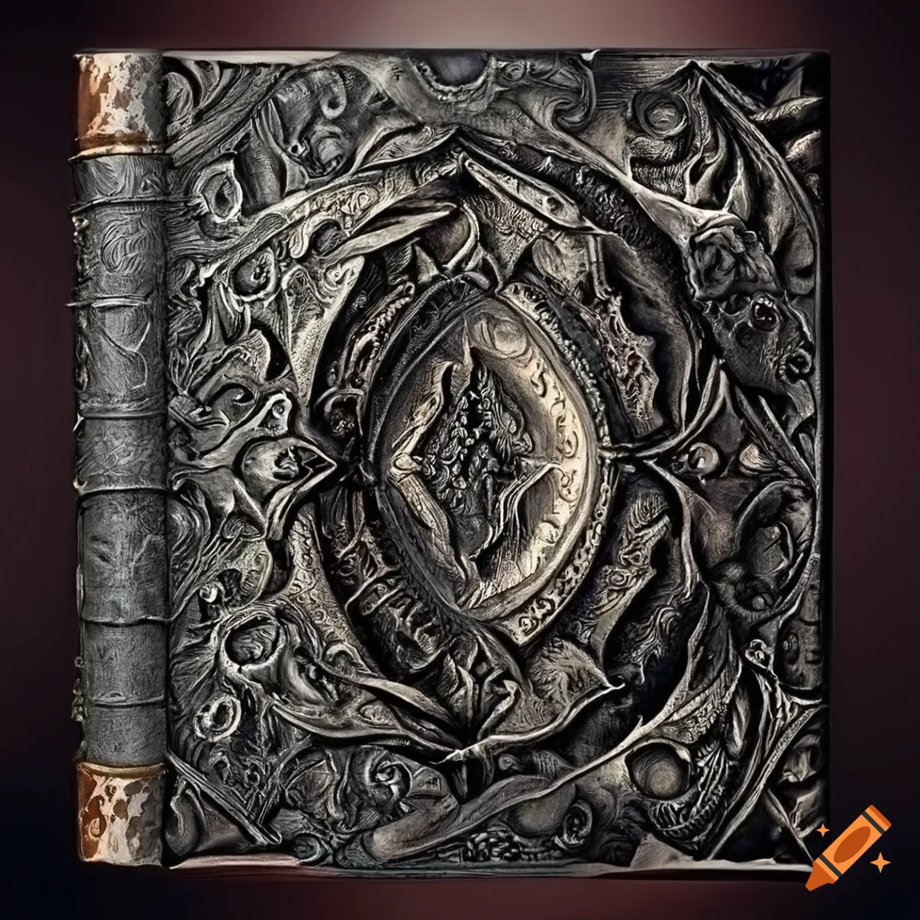 Intricately embossed pewter and black leather bound book