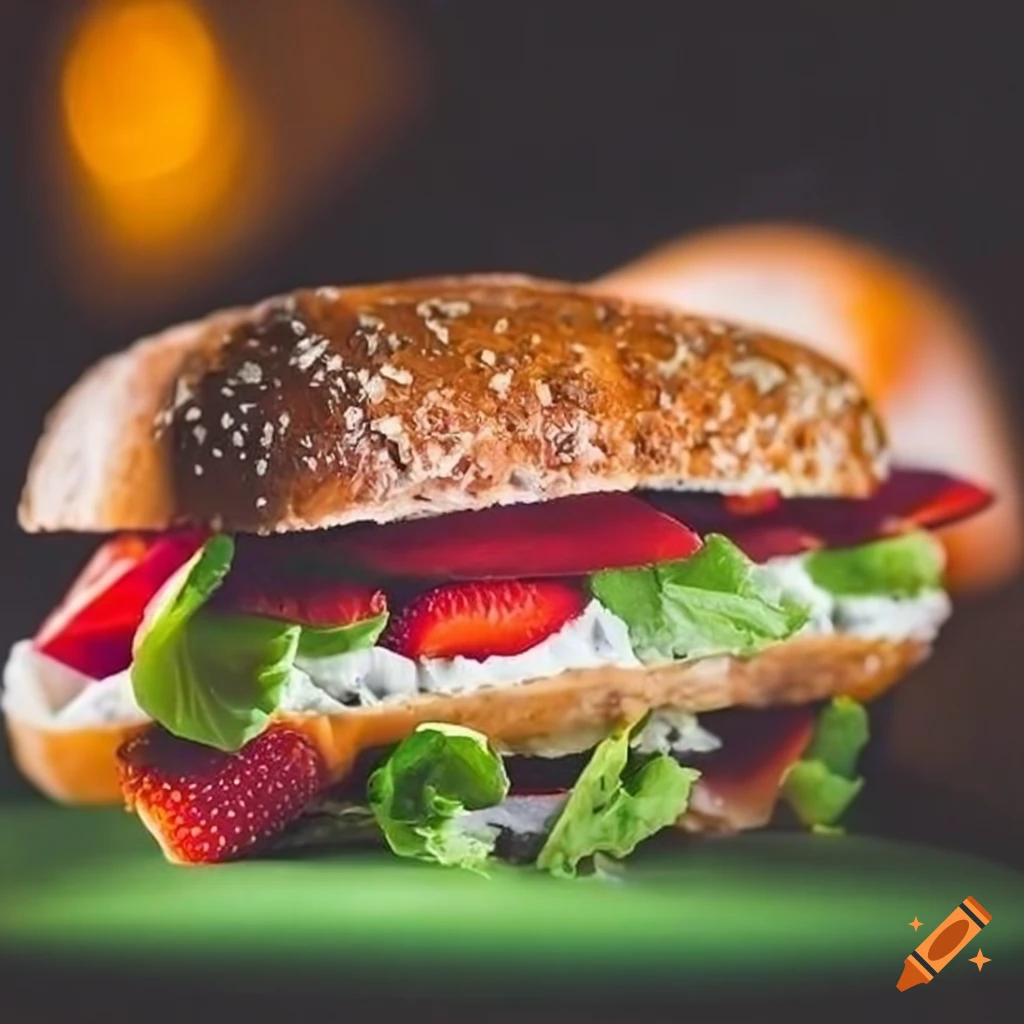 Colorful sandwich with goat cheese, lettuce, strawberries, and honey toppings