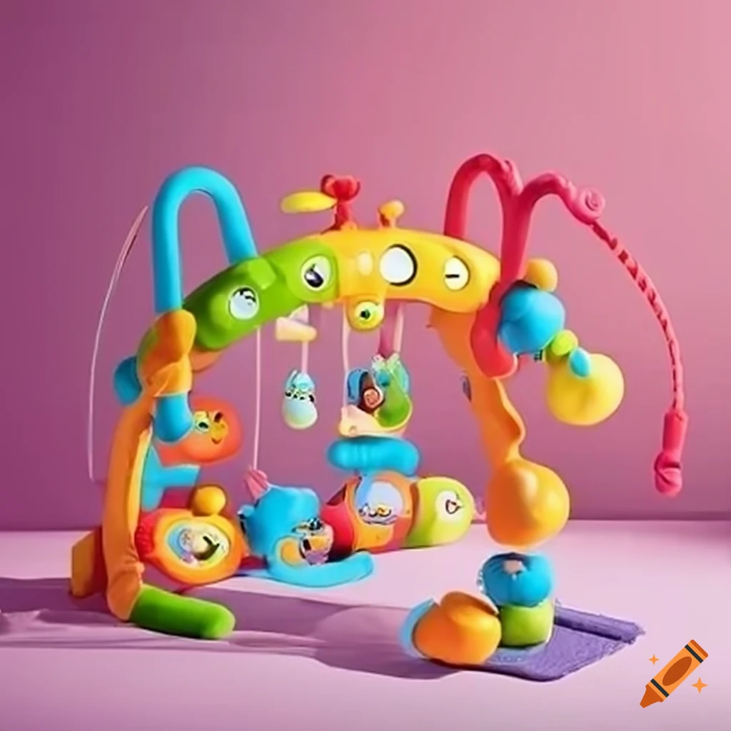 Baby gym with puzzle games, stuffed animals, and music