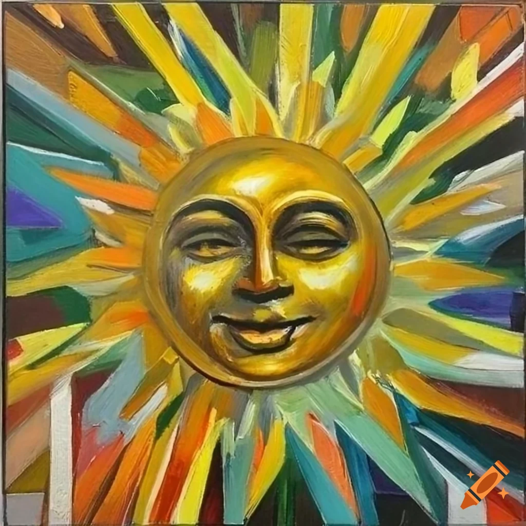 Smiling sun in art deco style in an oil painting