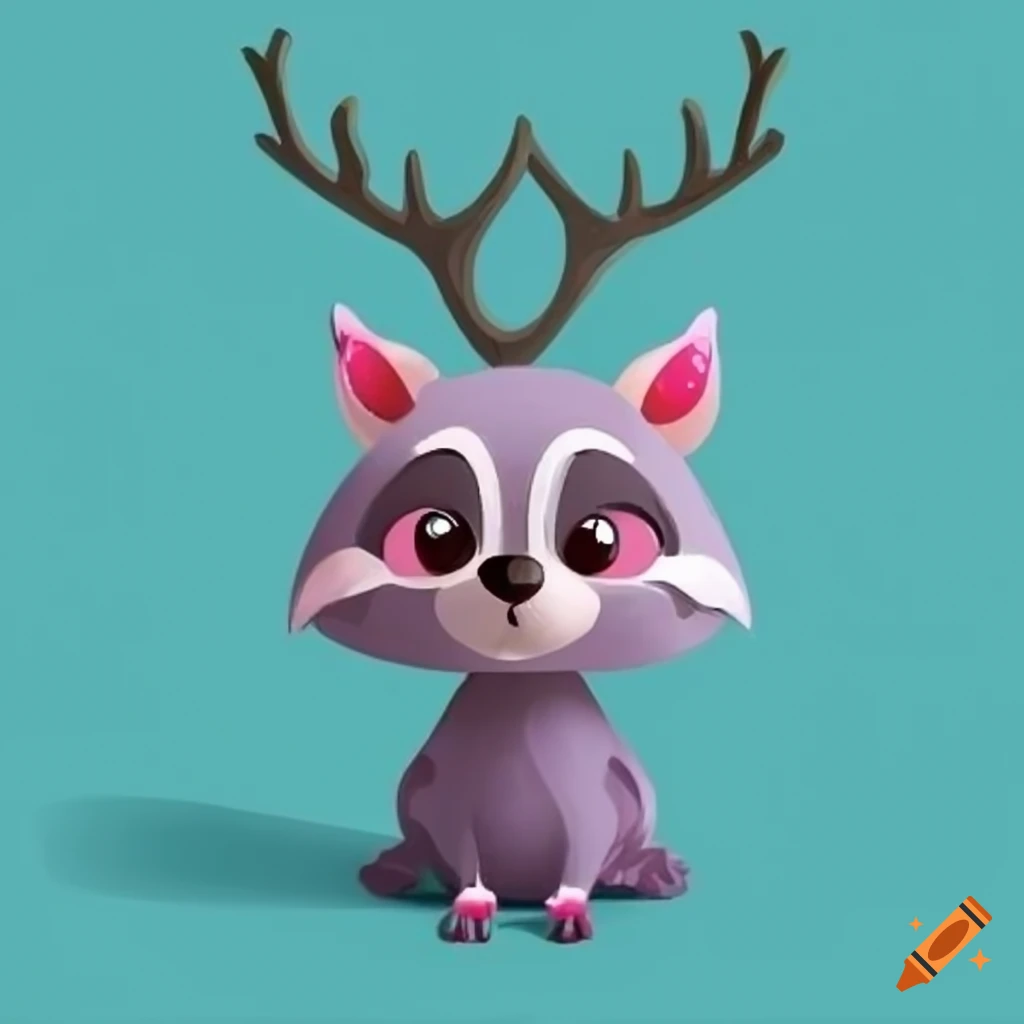 Cartooned light blue raccoon with pink deer antlers