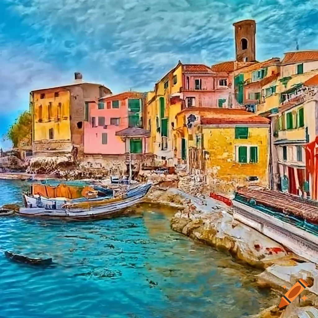 Medieval cityscape on the Mediterranean coast with vibrant homes and markets