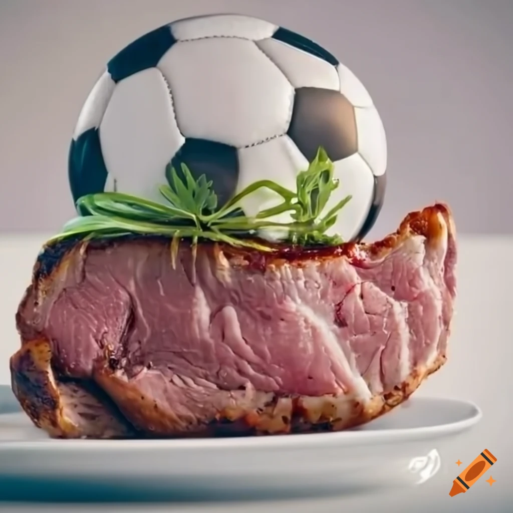 Soccer ball steak on a plate with fork and knife on Craiyon