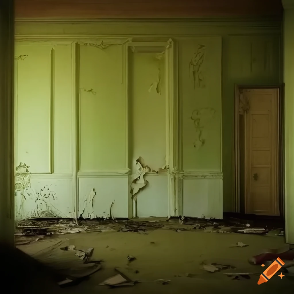Abandoned ornate room with peeling peach paint and missing wall leading